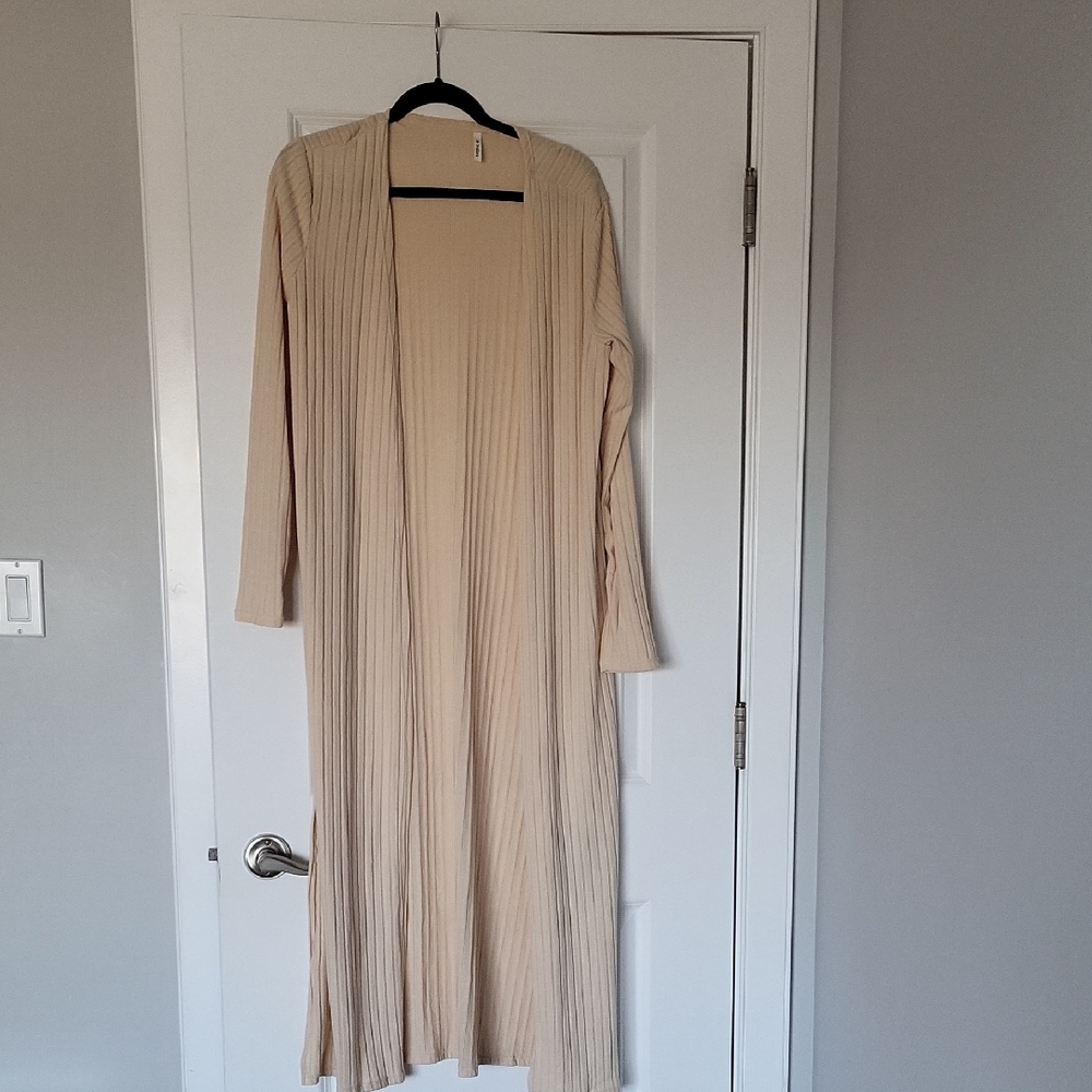 Long Beige Ribbed Cardigan - Picture 1 of 6